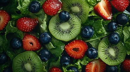 Top view of colorful summer fruits like strawberries, blueberries, and kiwi in a fresh salad, perfect for web banners.