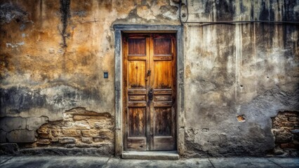 A weathered wooden door set within a crumbling stone wall, exhibiting the passage of time and enduring resilience