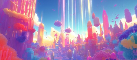 Obraz premium Vibrant, surreal city landscape with floating structures and pastel colors.