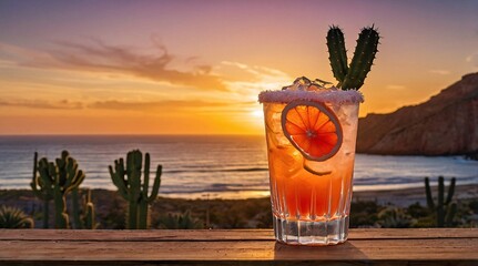 Enjoying a rustic paloma cocktail in a terracotta cup while the sun sets over the ocean, casting warm hues across the horizon