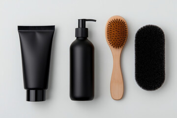 Black cosmetic bottles and brushes on white background representing modern grooming routine