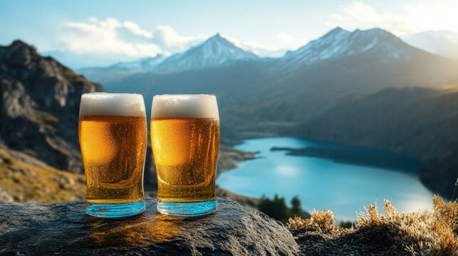 Two frosty beer glasses with a stunning mountainous background, evoking a laid-back vacation vibe. e