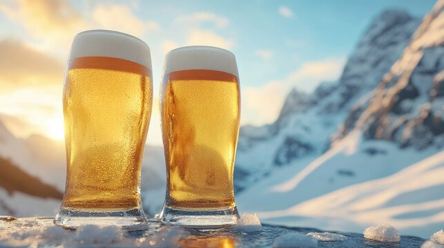 Two frosty beer glasses with a stunning mountainous background, evoking a laid-back vacation vibe. e