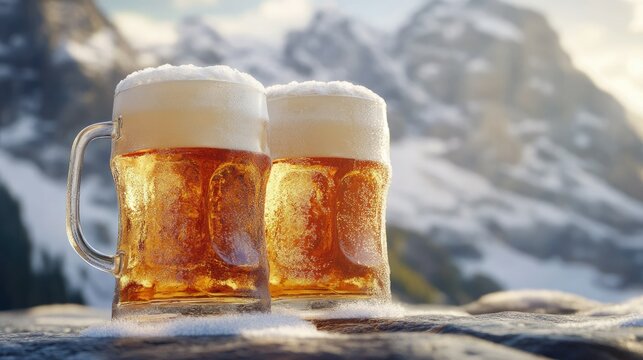 Two frosty beer glasses with a stunning mountainous background, evoking a laid-back vacation vibe. e