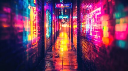 Naklejka premium Neon Nightscape: A vibrant, electric alleyway pulsates with dazzling neon signs, reflecting in the wet pavement. A captivating display of urban energy.