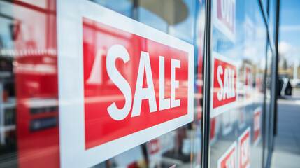 Clearance sale signs displayed prominently in store windows, attracting shoppers with enticing discounts and promotions, reflecting the excitement and urgency of retail bargains.
