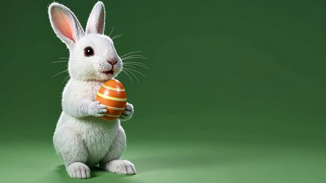 White easter bunny rabbit chewing and holding an egg in paws, on a transparent alpha isolated green chromakey background looped