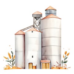Obraz premium Watercolor Painting of a Rustic Grain Silo Complex with Autumnal Floral Accents.