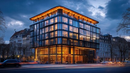 Office building features a striking glass facade, beautifully illuminated