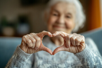 Fototapeta premium Elderly woman keeps connected fingers showing heart symbol, St.Valentine ideas