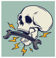 Vintage skull with body shop service car and truck mechanic repair tool crossed wrench or construction for gas and builder plumbing pipe spanner illustration