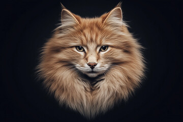 A beautiful portrait of an orange cat with long fur on black background.