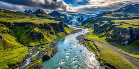 Fototapeta premium Serene River Winding Through Verdant Valley, Majestic Mountains and Glacial Ice in Background