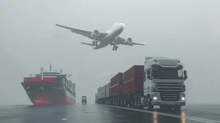 Naklejka premium Cargo Transport in Foggy Conditions
