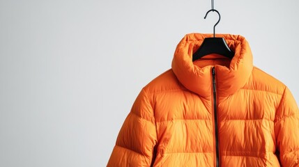 Orange puffer jacket hanging on a black hook against a white background.