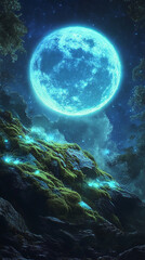 A blue moon covered in glowing bioluminescent moss