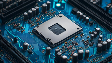 Fototapeta premium Vibrant Depiction of CPU on Blue Circuit Board with Intricate Details and Components Showcasing Modern Technology and Design Elements Captured in High Resolution