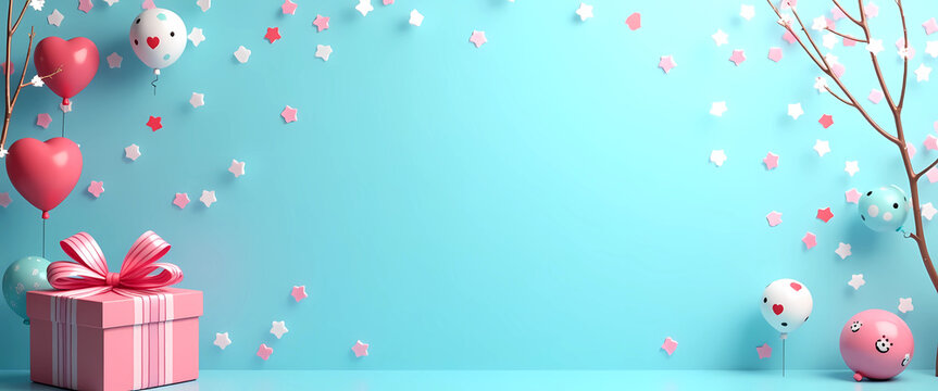 A pink gift box featuring a ribbon and floral accents, contrasted by a blue background, generative ai