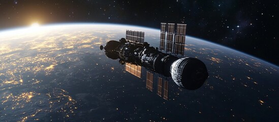 Space station orbiting Earth at sunrise.