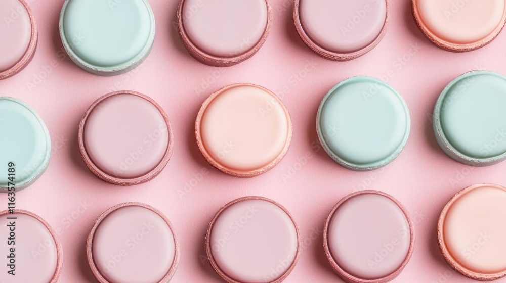Poster pastel chocolates idea. a colorful display of pastel macarons arranged on a pink background.