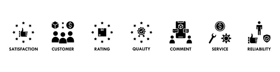 Feedback banner web icon set vector illustration concept with icon of satisfaction, customer, rating, quality, comment, service and reliability