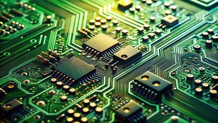 Obraz premium Intricate Circuit Board Design A Close-Up View of Electronic Components and Pathways