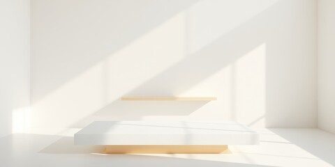 Fototapeta premium Minimalist interior display with sunlight, showcasing a white platform and a light wood shelf