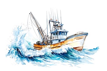Naklejka premium Watercolor Painting of a Fishing Trawler Battling Rough Seas.