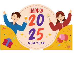 Cartoon Kids Celebrating New Year 2025