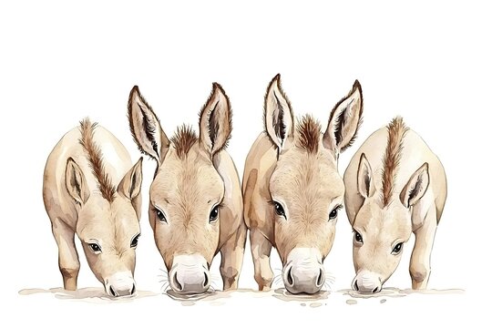 Four Adorable Donkeys Drinking Water Together in a Watercolor Illustration.