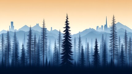 Misty Forest Silhouette Cityscape Distant Mountains