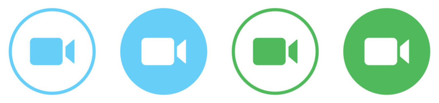 Video camera vector icons set in green and blue color. Camera video icon buttons for streaming, facetime icons video call symbol vector illustration. Video chat icons set for app and website.