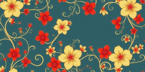 Elegant Floral Design with Red and Yellow Blossoms on Teal Background