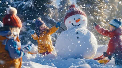 Children Playing in Snow, Building a Snowman, Joyful Winter Fun Moments in a Magical Snowy Landscape