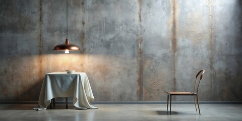 A dimly lit interior scene featuring a small table draped in white fabric, a solitary chair, and a pendant light against a textured wall.