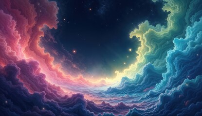 Obraz premium A surreal background featuring a swirling galaxy of neon pink, electric blue, and lime green, with glowing stars, streaking comets, and abstract cosmic dust floating in a black void. 