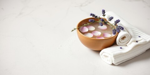 Relaxing Spa Treatment Wooden Bowl of Flower Petals and Lavender in Water with Soft Towels