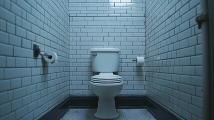 Toilet room minimalistic interior with tiled wall and floor 3d realistic vector mockup. Classic ceramic toilet bowl with water tank and paper on roll holder illustration. House plumbing system element