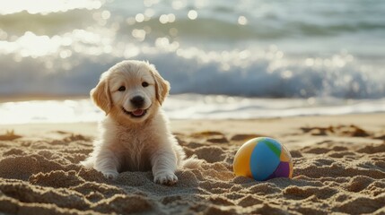 Happy golden retriever puppy playing on the beach with a colorful ball. Joyful moments by the ocean waves.