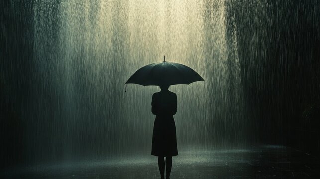 Silhouette of woman with umbrella in heavy rain at night.