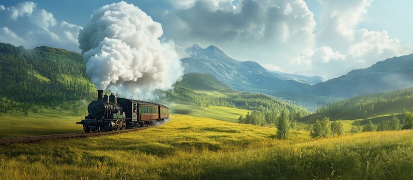 Scenic steam train journey through picturesque valley with rolling hills and mountains.