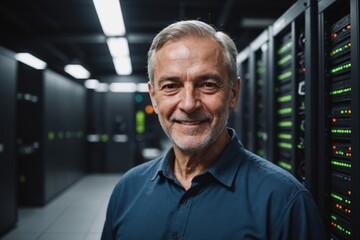 Close portrait of a smiling senior Georgian male IT worker looking at the camera, against dark server room blurred background.