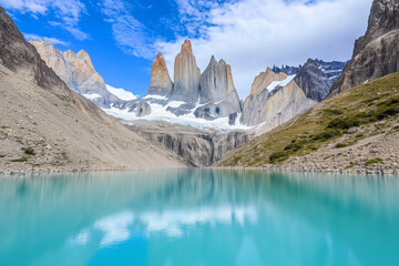 Obraz premium Breathtaking Torres Del Paine peaks reflecting in turquoise lake in Chilean Patagonia