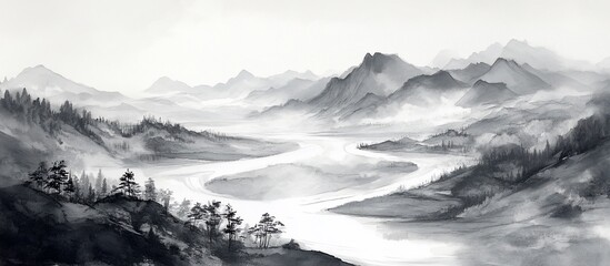 Obraz premium Misty mountain range with winding river.