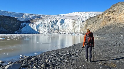 Fototapeta premium Solo hiker with backpack at glacial lake.