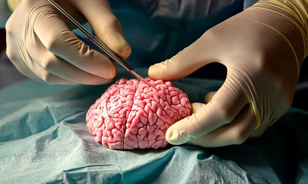 Surgical procedure on a model brain with precision instruments.