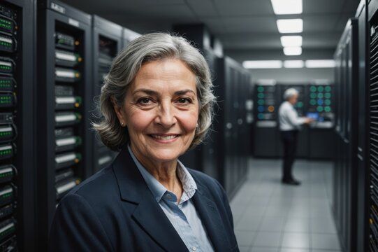 Close portrait of a smiling senior Greek female IT worker looking at the camera, against dark server room blurred background. - Powered by Adobe