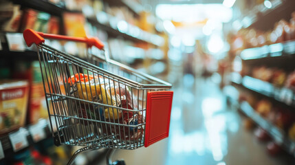 Shopping Cart Filled with Groceries in a Brightly Lit Supermarket Aisle, Blurry Background of Products and Shelves, Consumer Lifestyle Concept