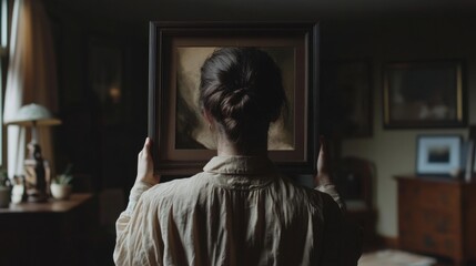Obraz premium Woman examining antique painting in dimly lit room.