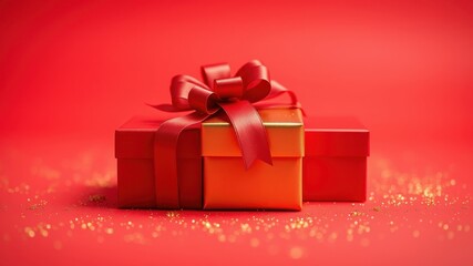 Two elegant gift boxes adorned with a vibrant red ribbon, resting on a festive red background sprinkled with gold glitter.